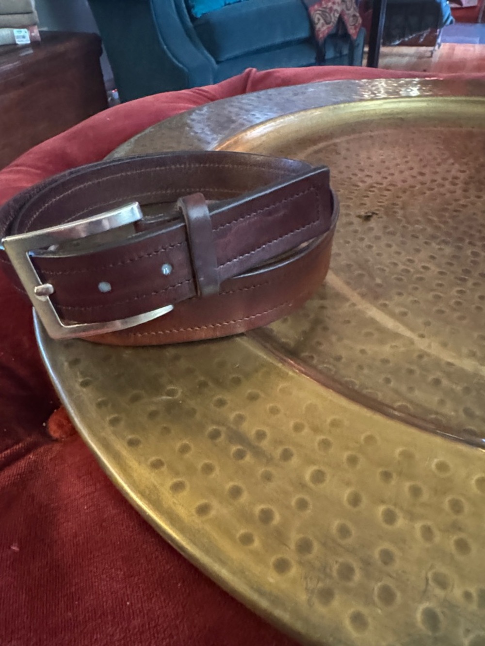 Johnson And Murphy Men's Brown Leather Belt with Brushed Silver Buckle
